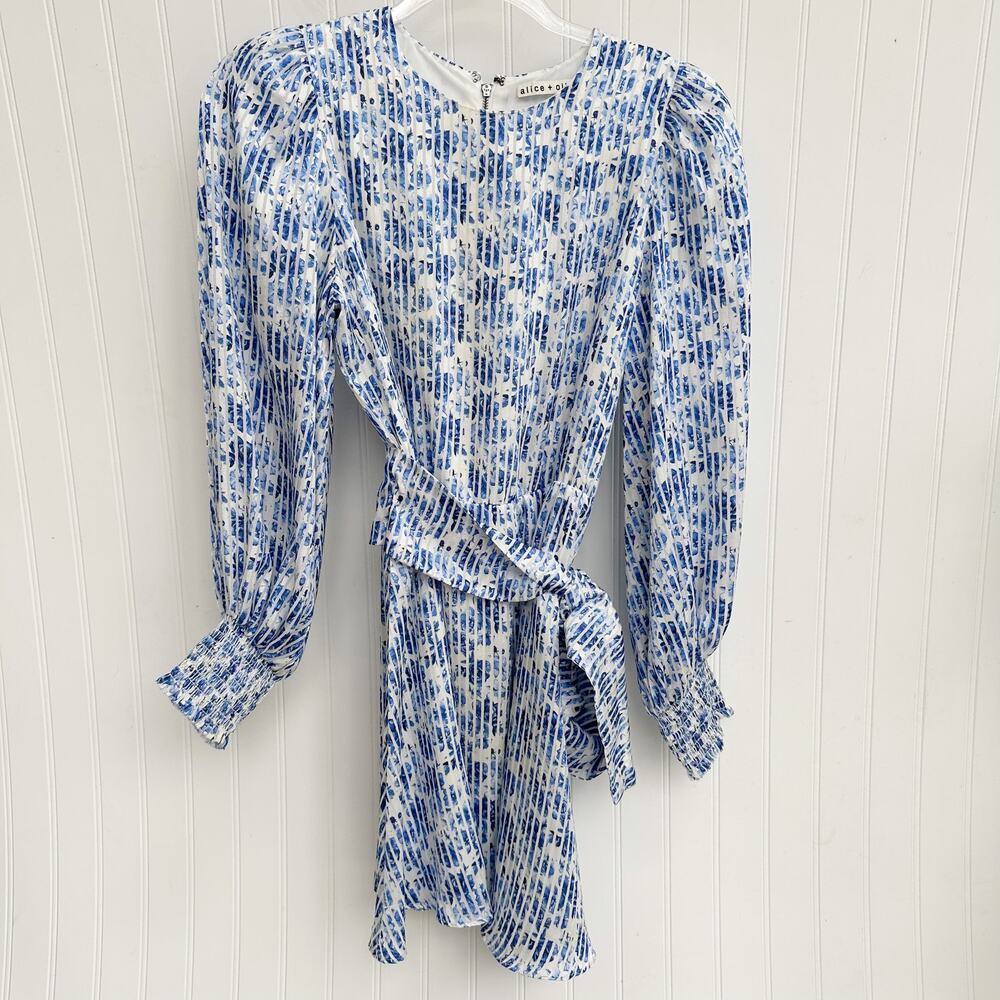 Alice + Olivia Dress Mini Molli Blue White Floral Print Belted Long Sleeve 4